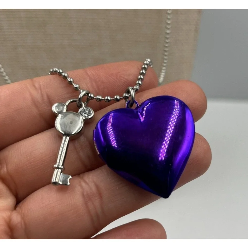 Vintage Disney Mickey Mouse Purple Heart Locket Necklace & Key Charm Gold Tone